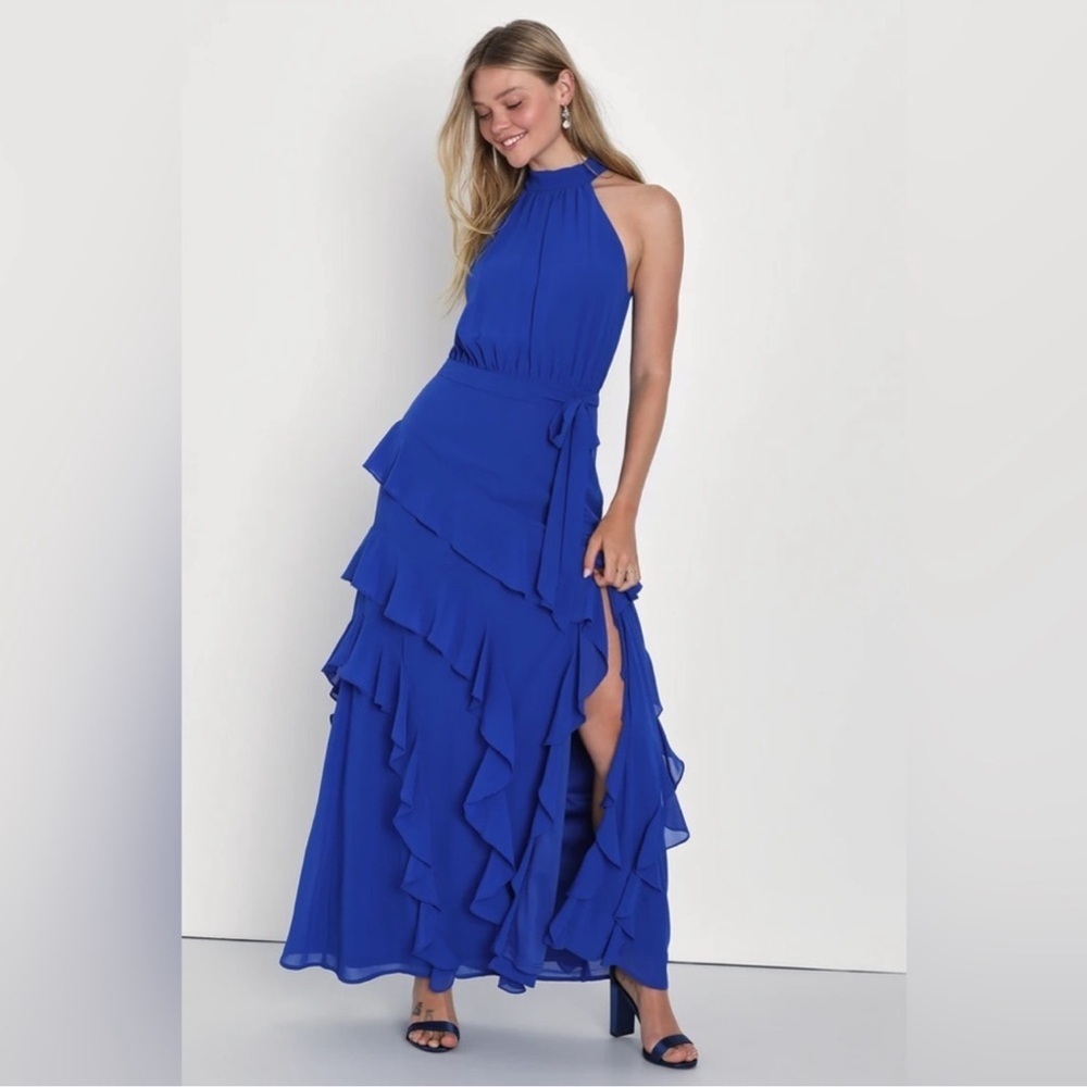 Lulus Iconic Flair Cobalt Blue Asymmetrical Ruffle Halter Maxi Dress Size Small